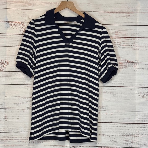 Belle Kimble Navy Blue White Striped V Neck Short Sleeve Top Womens Large - Picture 7 of 7
